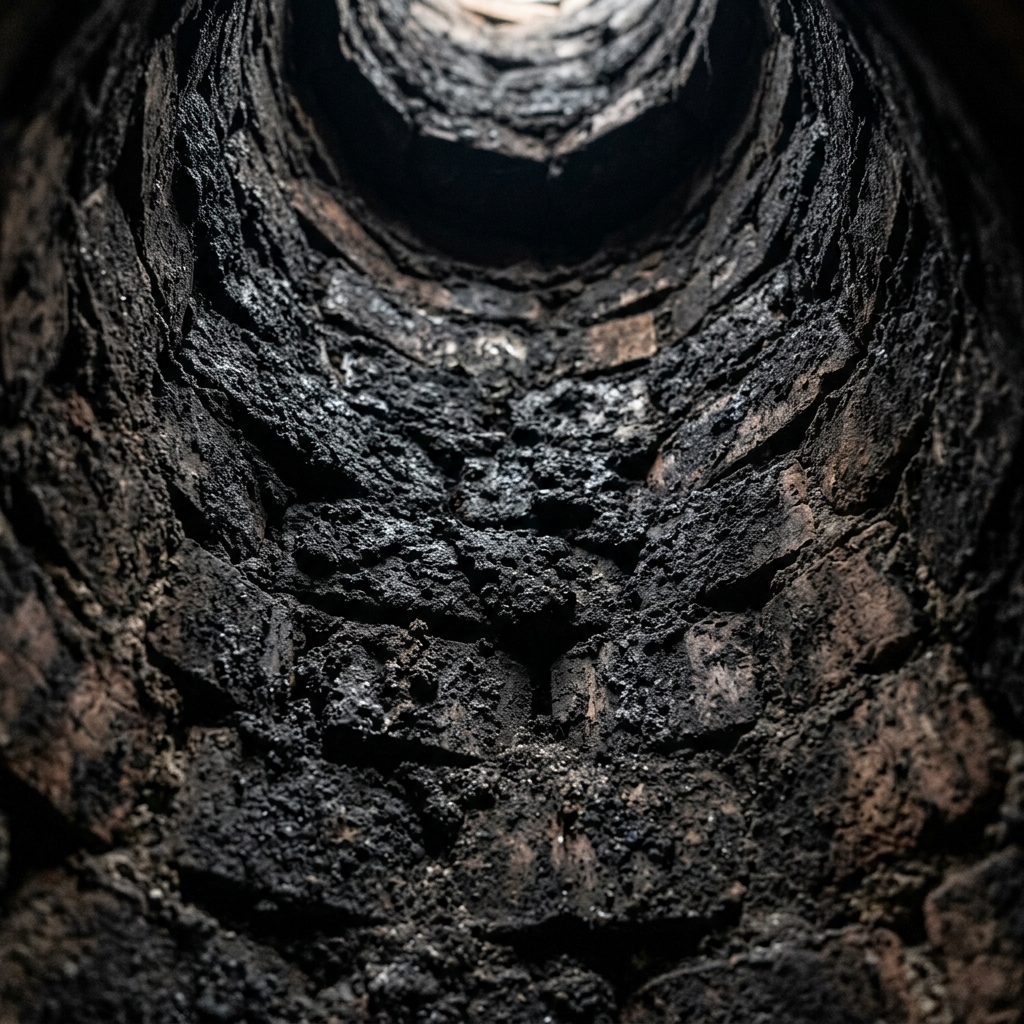 Chimney blocked with soot and creosote before cleaning