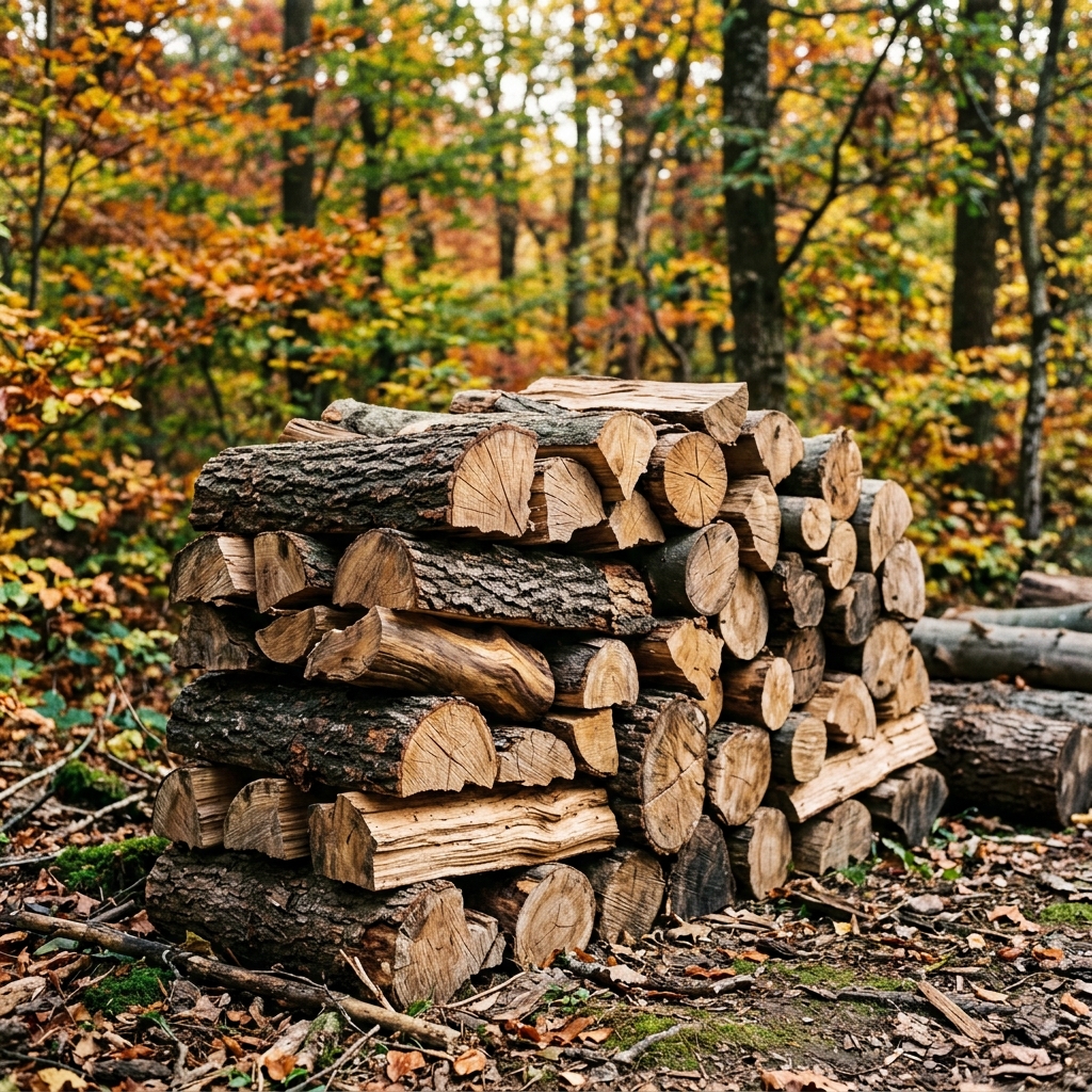 A stacked pile of oak and olive firewood logs outdoors