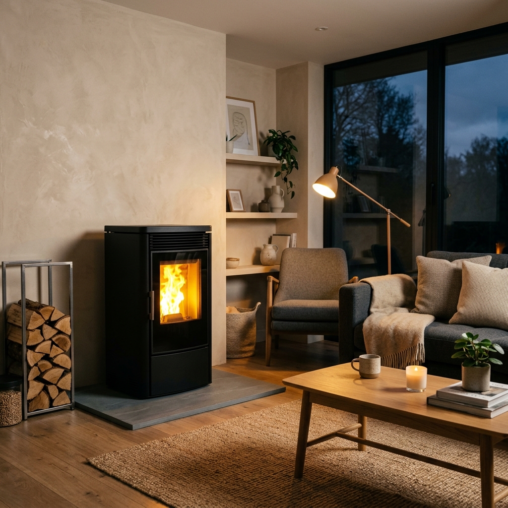 Una estufa de pellets neta i moderna encesa en una habitació