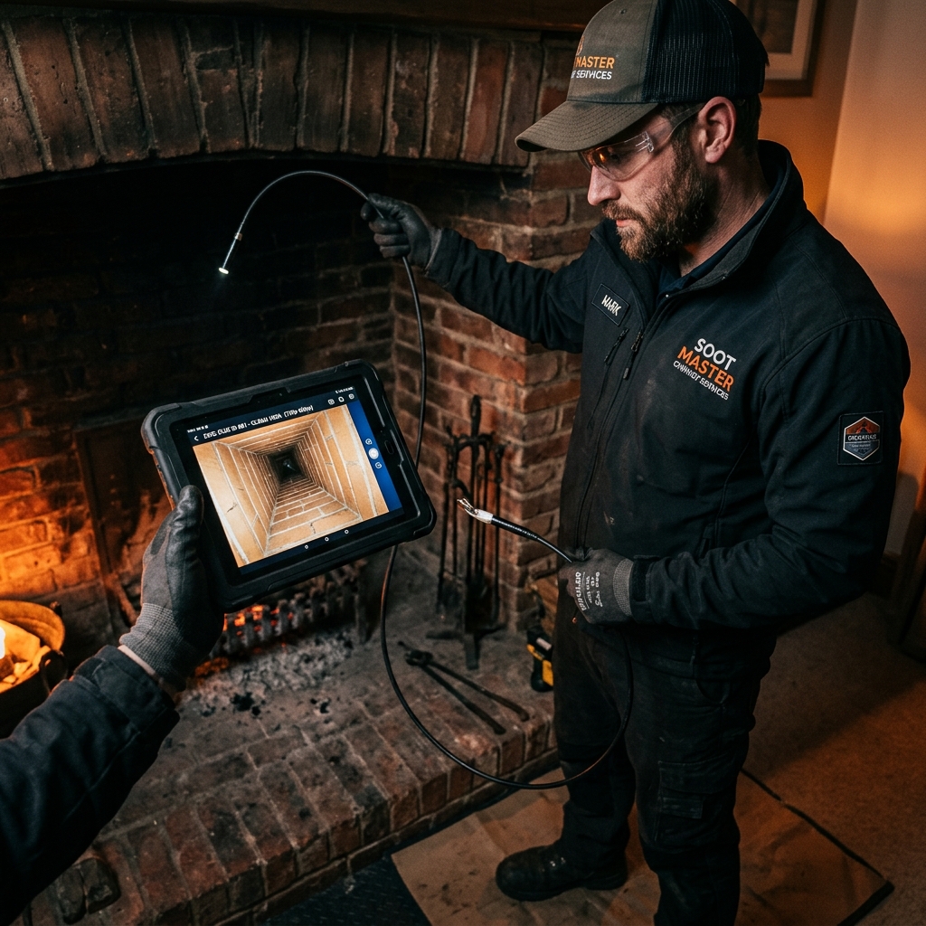 Professional technician performing digital camera inspection in chimney flue
