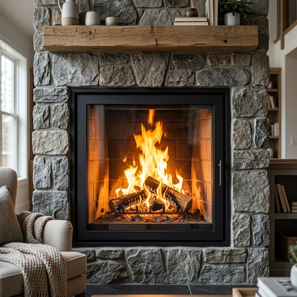 Clean neoceramic glass window installed on fireplace door with fire burning inside