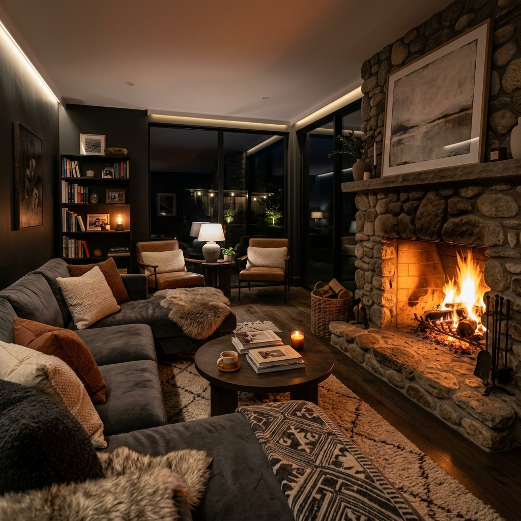 Modern fireplace lit